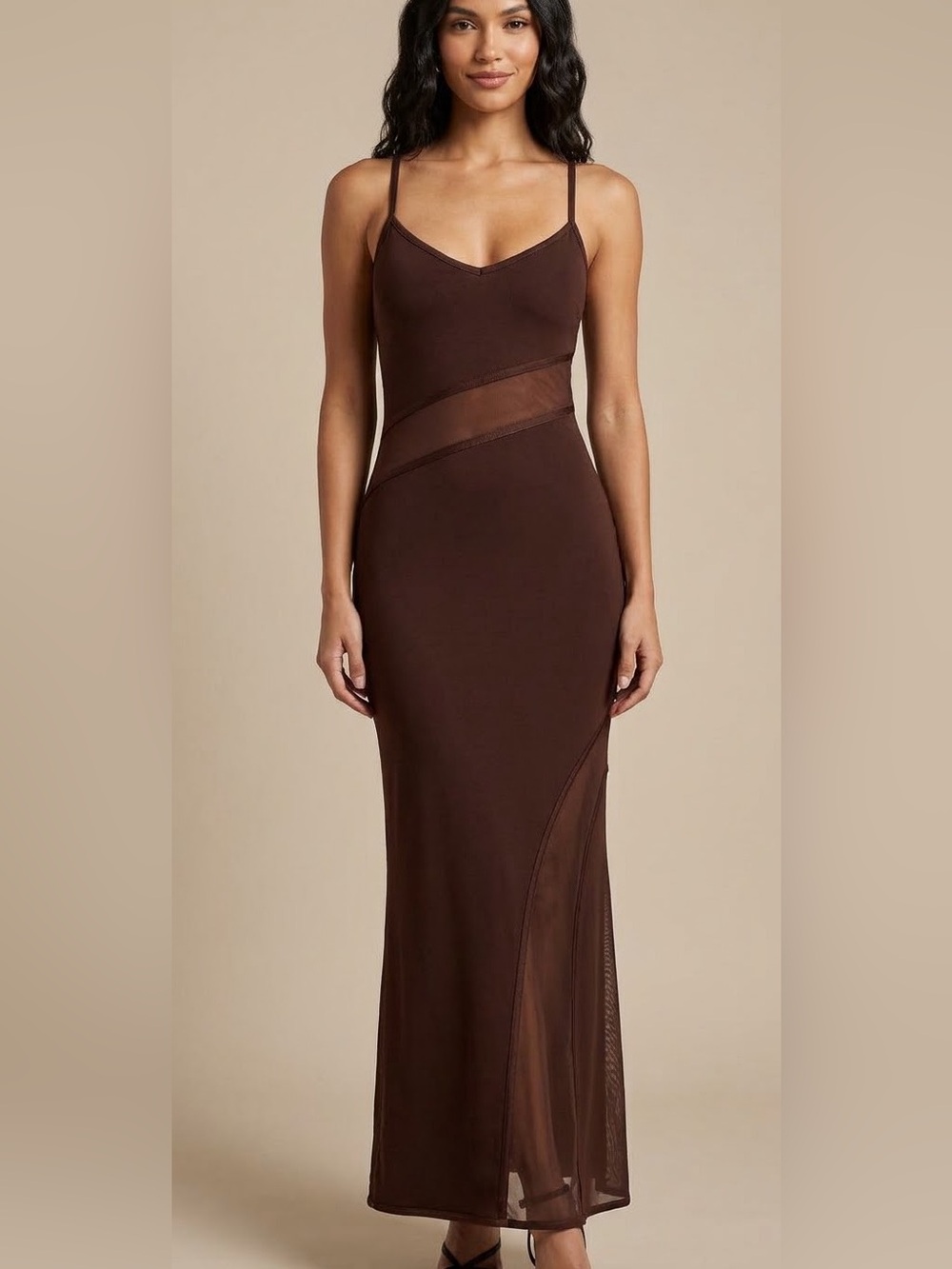 Anthropologie Siempre Sheer Panel Maxi Slip Dress-Brown: Medium
